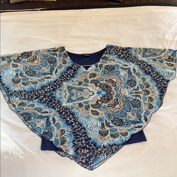 Initiatives Blue and Black Asymmetrical Poncho Sleeve Boho Blouse - Picture 3 of 11